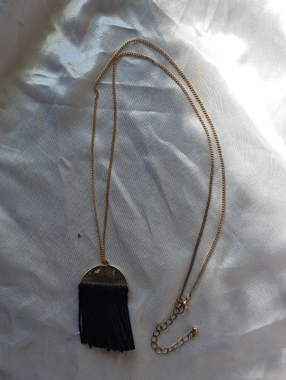 Gold Tone Half-Moon Fringe Pendant Necklace - Black Fringe